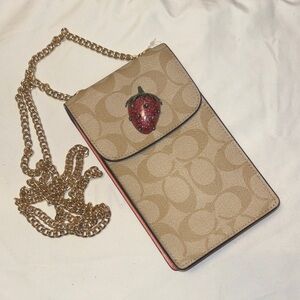 Coach Beige Signature Canvas Crossbody with Red Strawberry Accent and Gold Chain